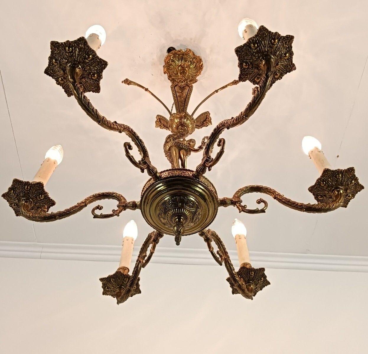 Gorgeous Bronze Brass Chandelier Vintage 6 Lights Lady Looking In Mirror Ornate photo 567.0