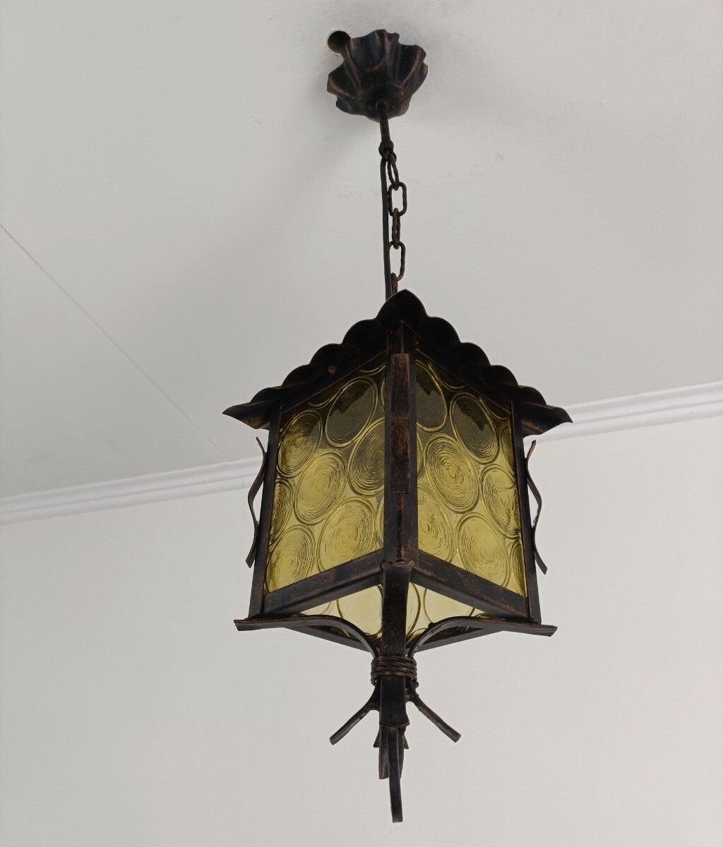 Pendant Lantern Chandelier Amber Art Glass Ceiling Light Brass Beautiful Wrought photo furniture