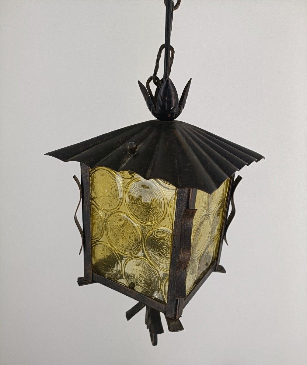 Pendant Lantern Chandelier Amber Art Glass Ceiling Light Brass Beautiful Wrought photo Lighting