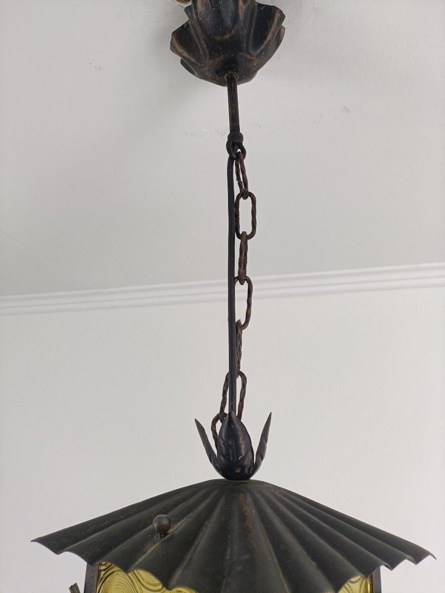Pendant Lantern Chandelier Amber Art Glass Ceiling Light Brass Beautiful Wrought photo 244.0