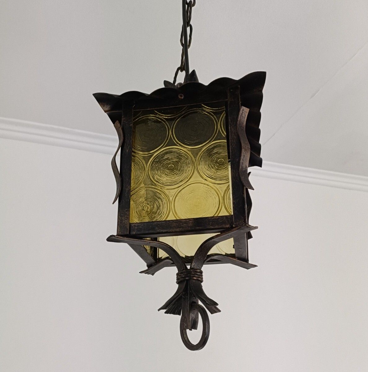 Pendant Lantern Chandelier Amber Art Glass Ceiling Light Brass Beautiful Wrought photo buy