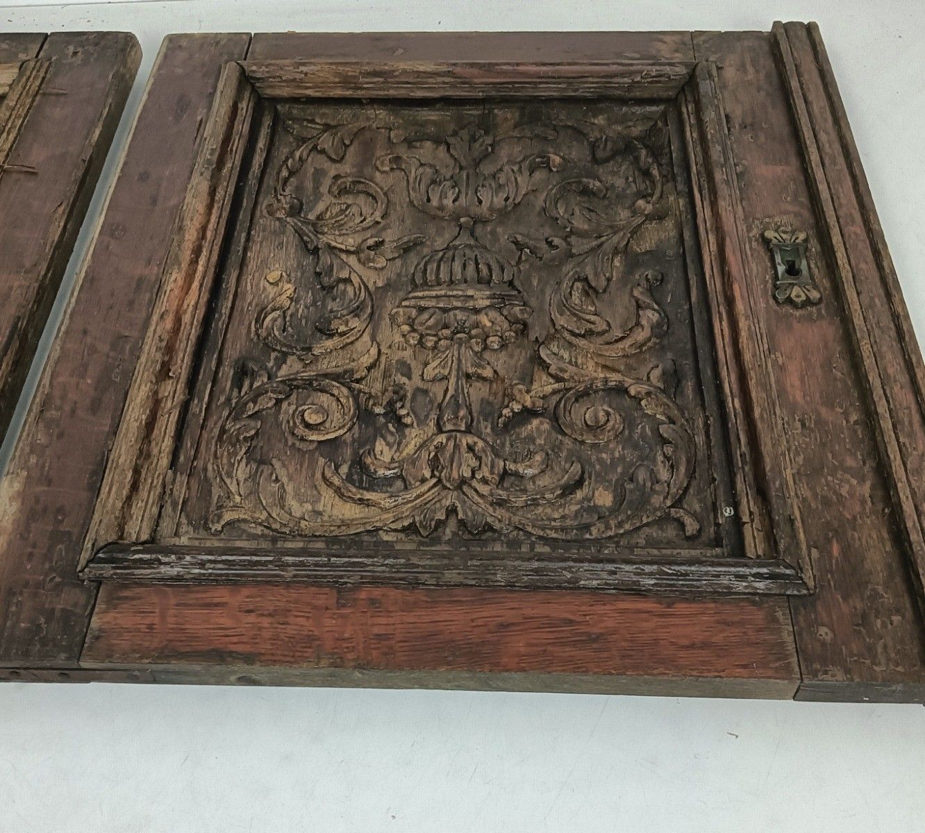 Pair Door Panels Carved Wood Flowers Baskets Architectural Reclaimed Salvaged An photo vintage