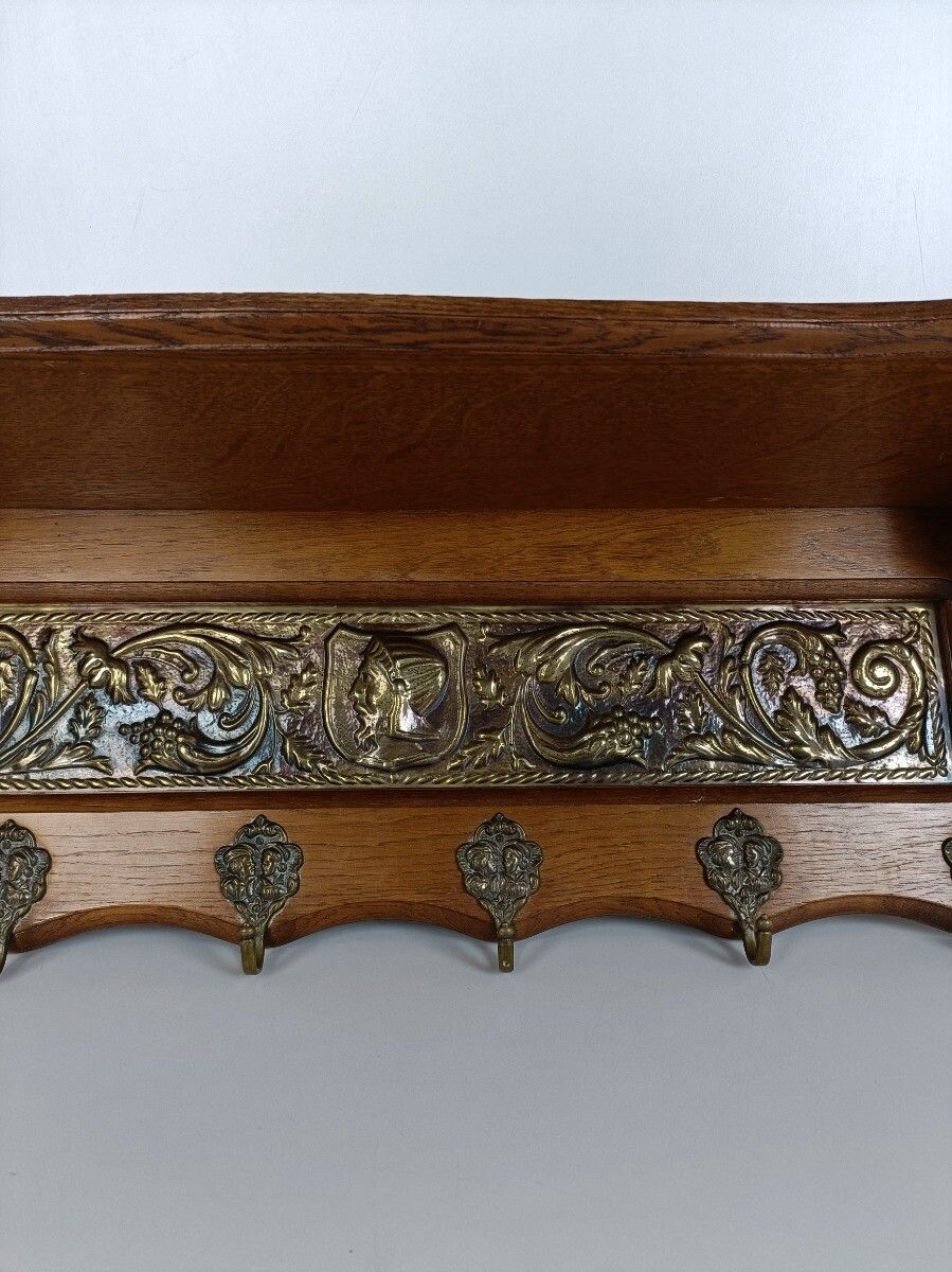 Antique Carved Wooden Coat Hat Rack Kitchen Rack Brass Plaque Grapes Bacchus photo buy