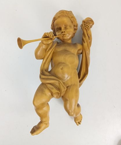 Pair Carved Wooden Angels Figurines Wall Hanging Musicians Flute Harp, Putti Gor photo furniture