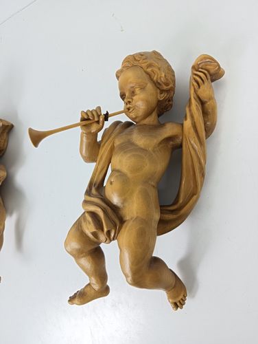 Pair Carved Wooden Angels Figurines Wall Hanging Musicians Flute Harp, Putti Gor photo 405.0