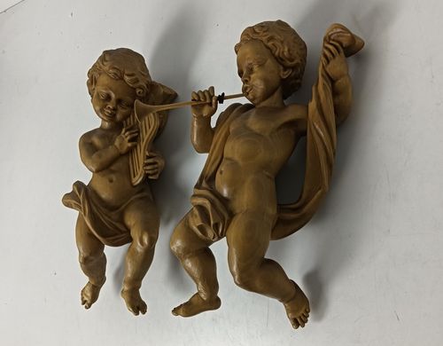 Pair Carved Wooden Angels Figurines Wall Hanging Musicians Flute Harp, Putti Gor photo vinterior