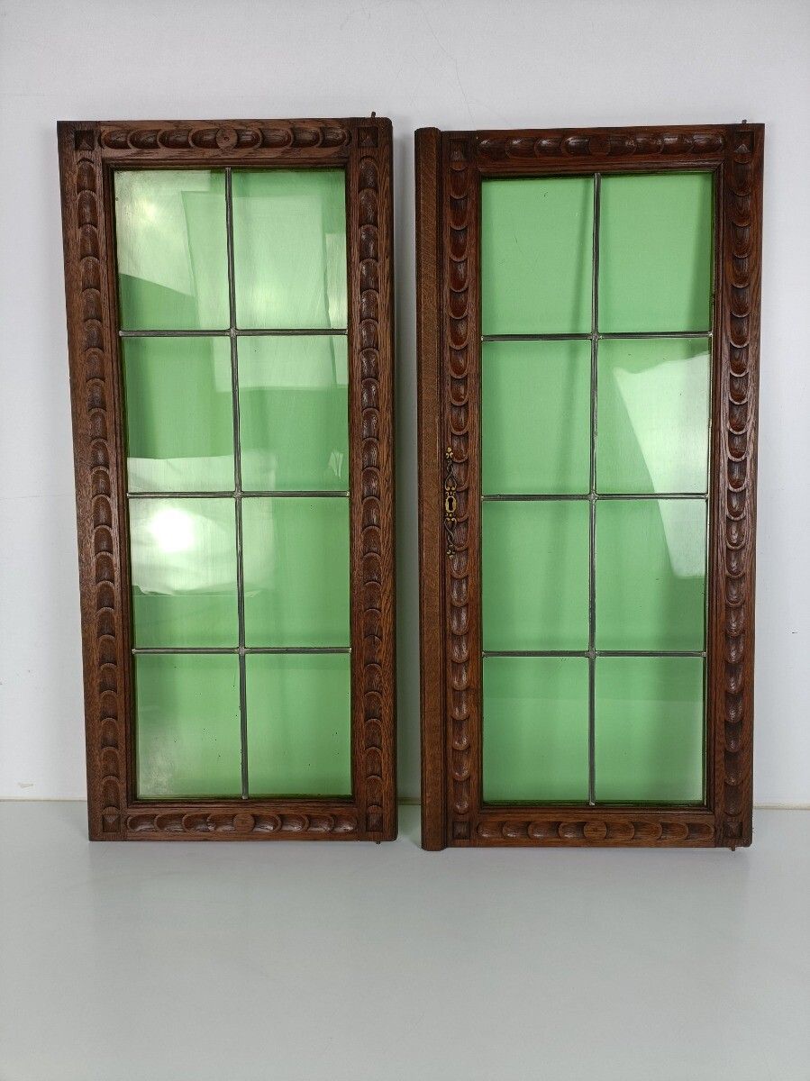 Gorgeous Large Hand Carved Wooden Door Panels Green  Glass Pair  Antique photo furniture