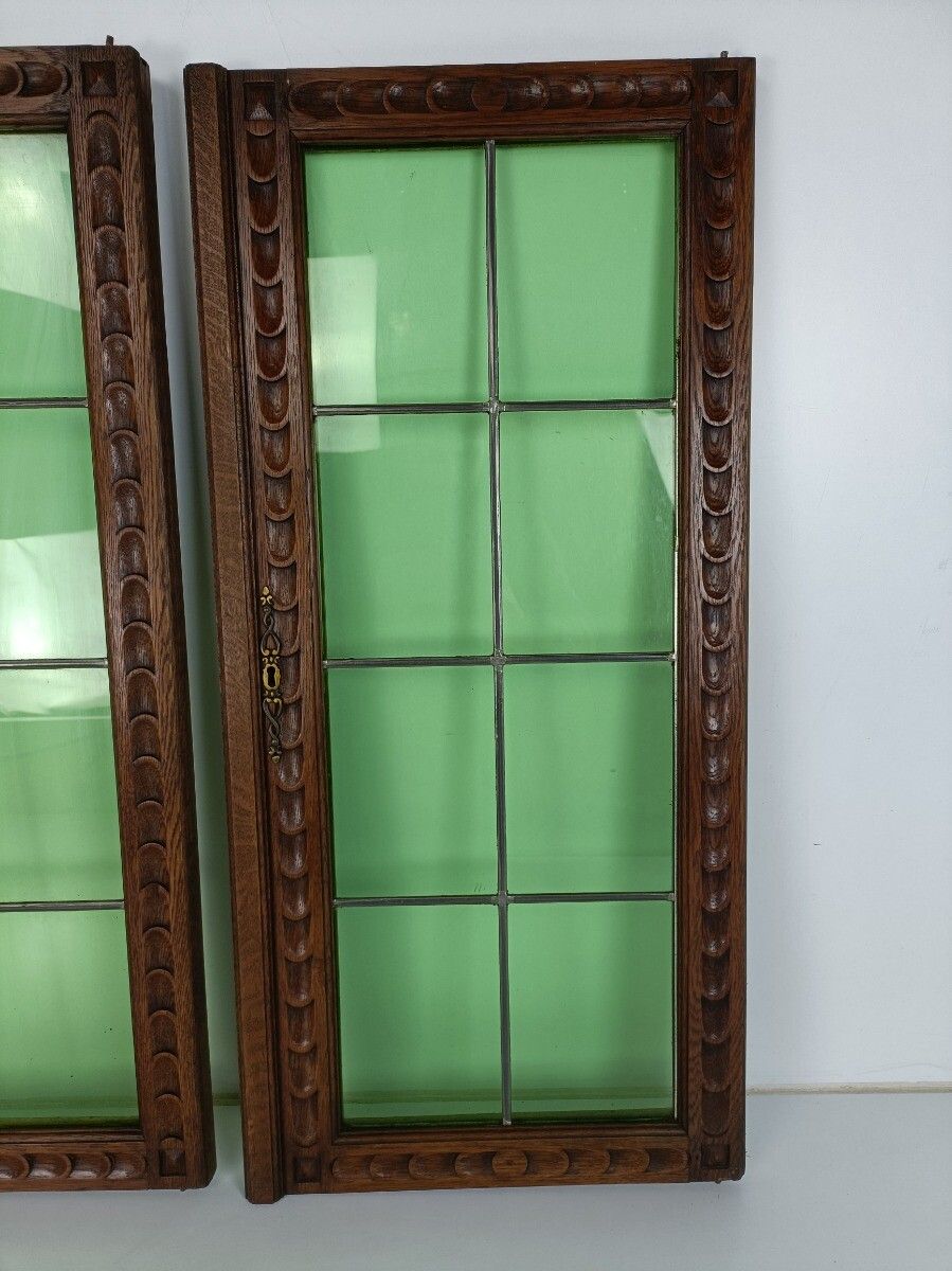 Gorgeous Large Hand Carved Wooden Door Panels Green  Glass Pair  Antique photo vinterior