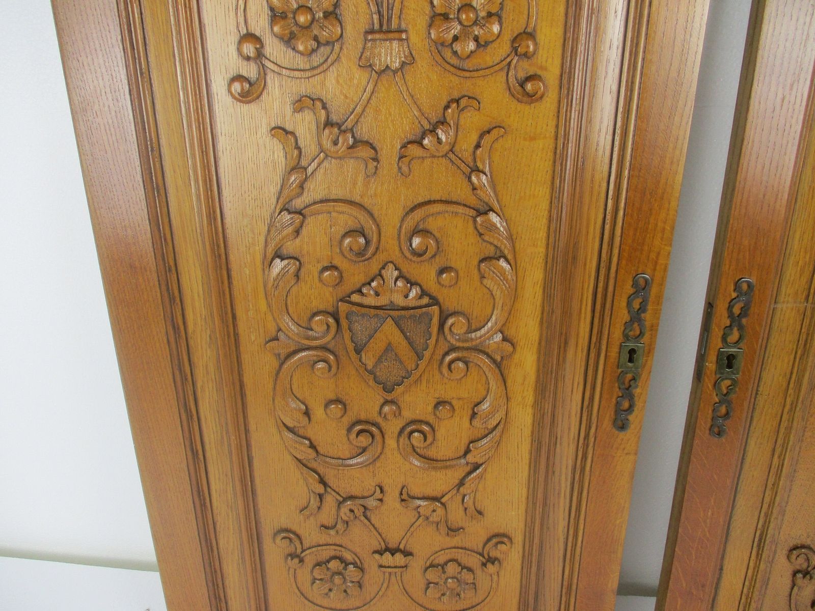 Pair  Hand Carved Wooden  Door Panels Reclaimed Architectural Medieval Style Flo photo for sale