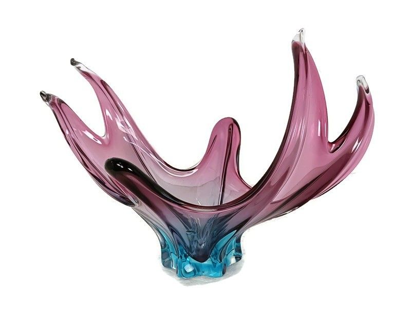 Blue  Cranberry Murano Italian Art Glass Centerpiece Dish Bowl Mid Century Vinta