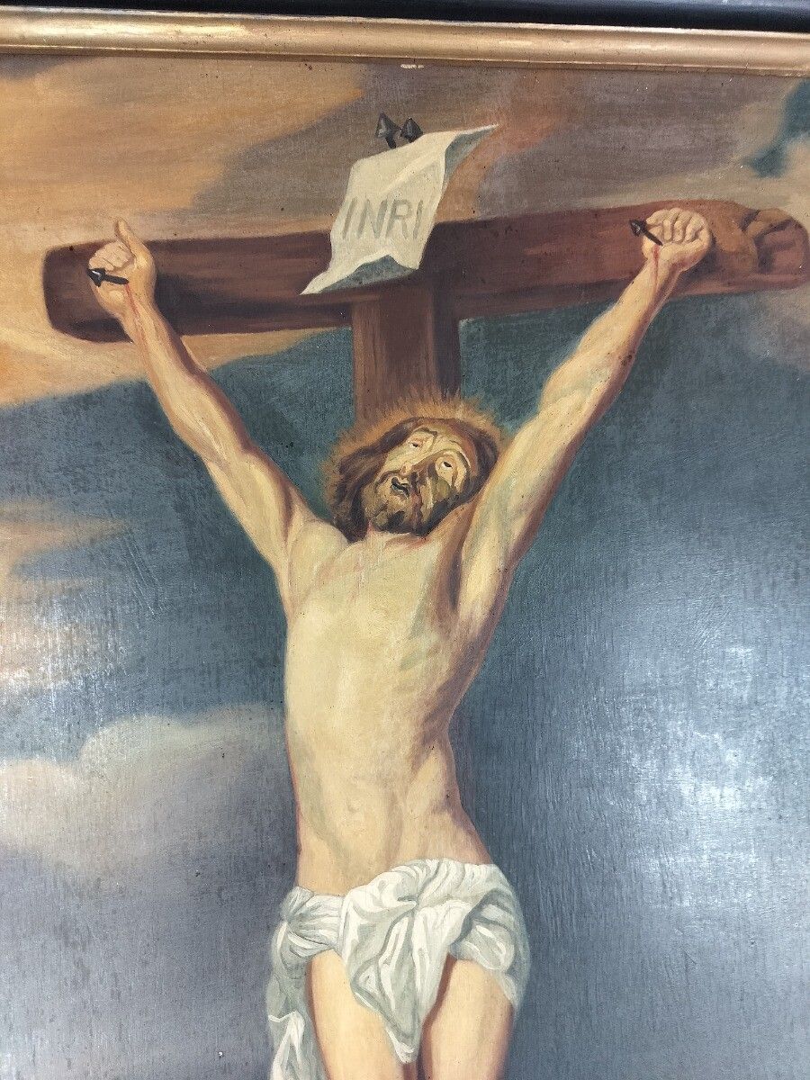 Very Large Antique Painting Oil On Wooden Panel Crucifixion After Antoon Van Dyc photo Art