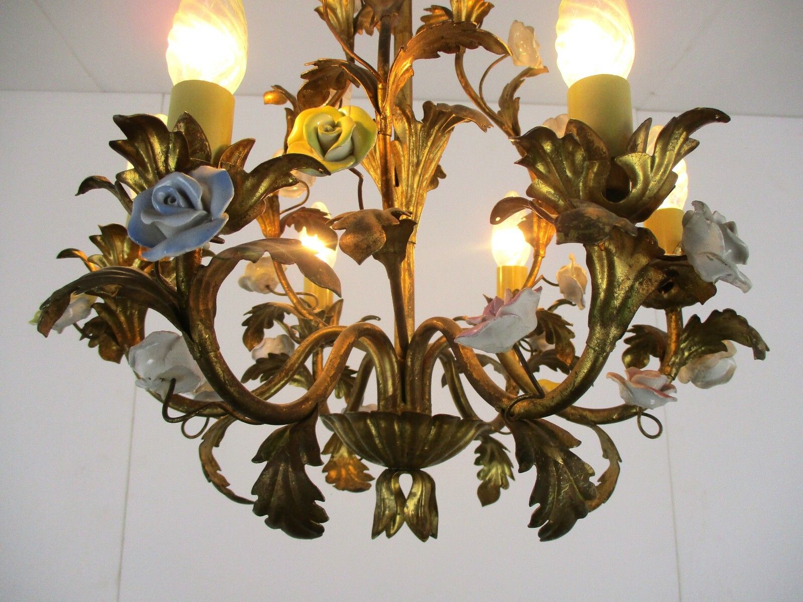 Regency Chandelier 6 Arm Lights Ornate Brass Leafs  Porcelain Flowers Italian photo for sale