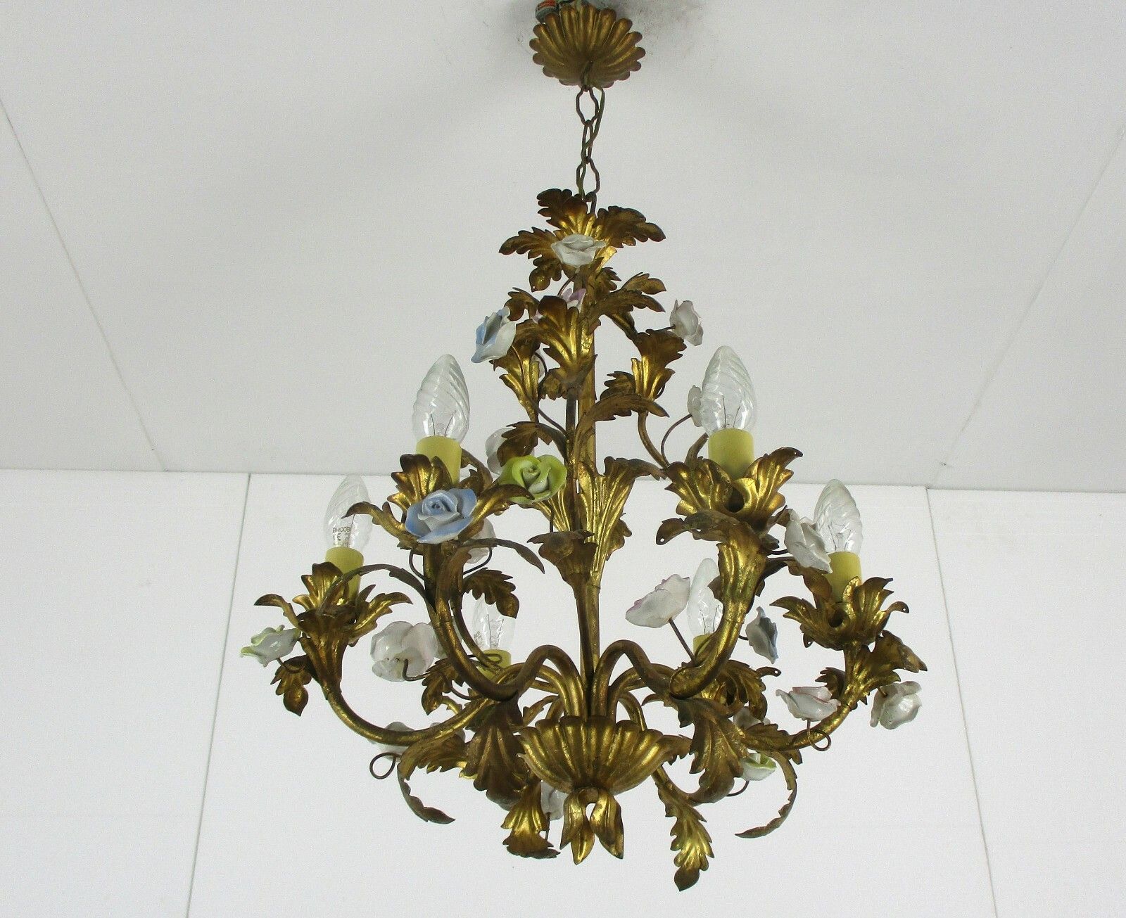 Regency Chandelier 6 Arm Lights Ornate Brass Leafs  Porcelain Flowers Italian photo 446.0