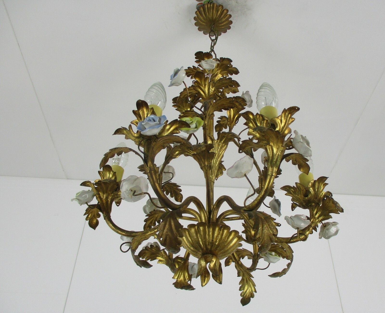 Regency Chandelier 6 Arm Lights Ornate Brass Leafs  Porcelain Flowers Italian photo buy