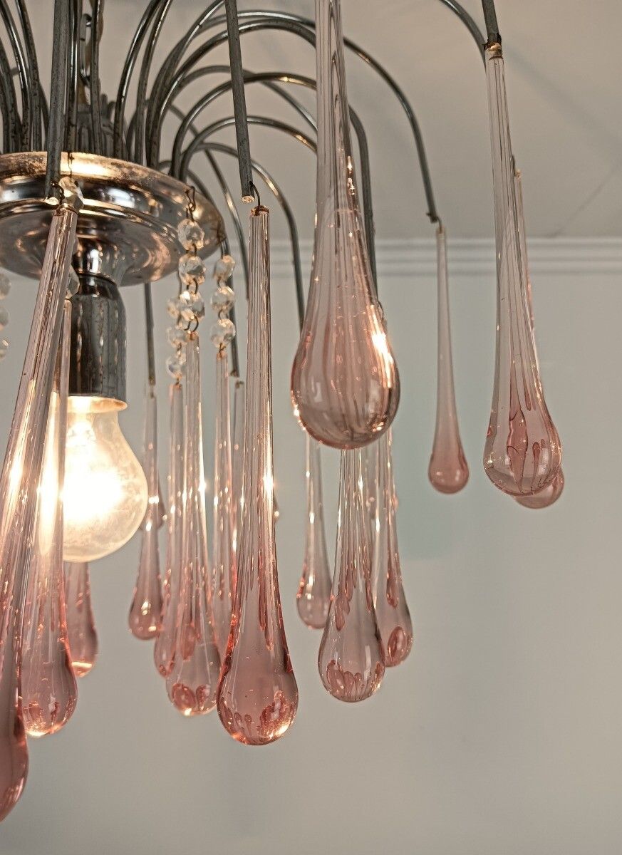 Murano Pink Art Glass Teardrop Prisms Chandelier Italy 1 Light Pendant Lovely VI photo buy
