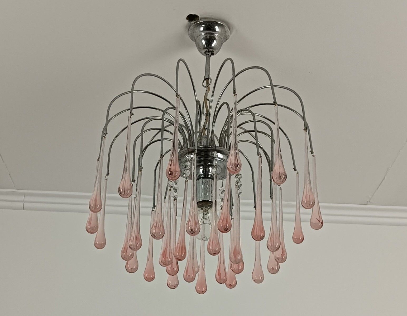 Murano Pink Art Glass Teardrop Prisms Chandelier Italy 1 Light Pendant Lovely VI photo vintage