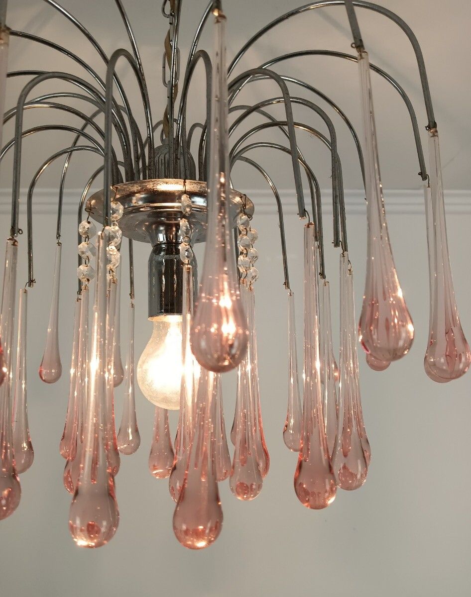 Lighting Murano Pink Art Glass Teardrop Prisms Chandelier Italy 1 Light Pendant Lovely VI photo