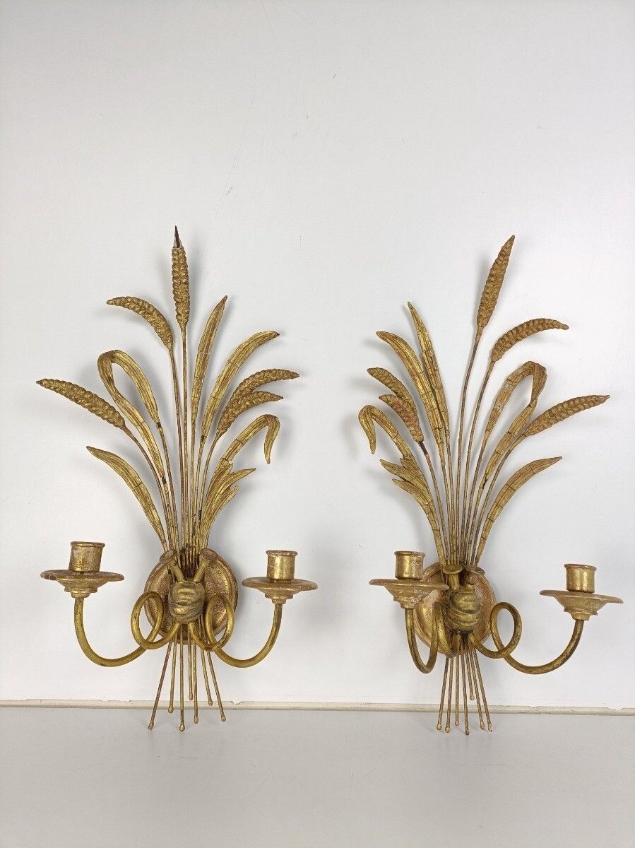 Pair Of Metal Plaster Hollywood Regency Wall Sconces Double Candle Holders Sheat photo furniture
