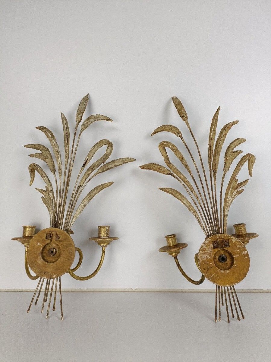 photo for sale Pair Of Metal Plaster Hollywood Regency Wall Sconces Double Candle Holders Sheat