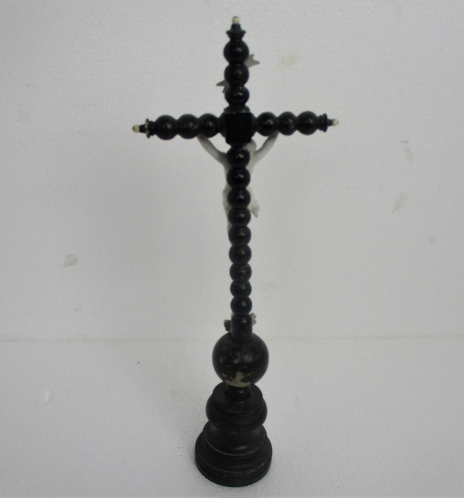 Antique Dark Carved Wood Table Standing Crucifix Round Base  Bobbin  Porcelain A photo vinterior