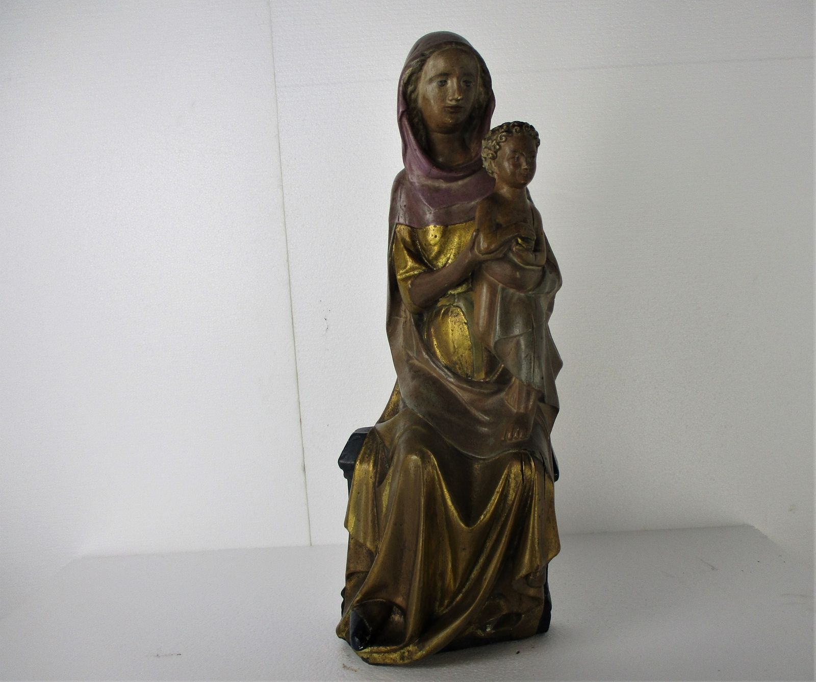 Statue Sitting Our Lady Virgin Mary Infant Jesus Child Sedes Sapientiae Plaster photo for sale