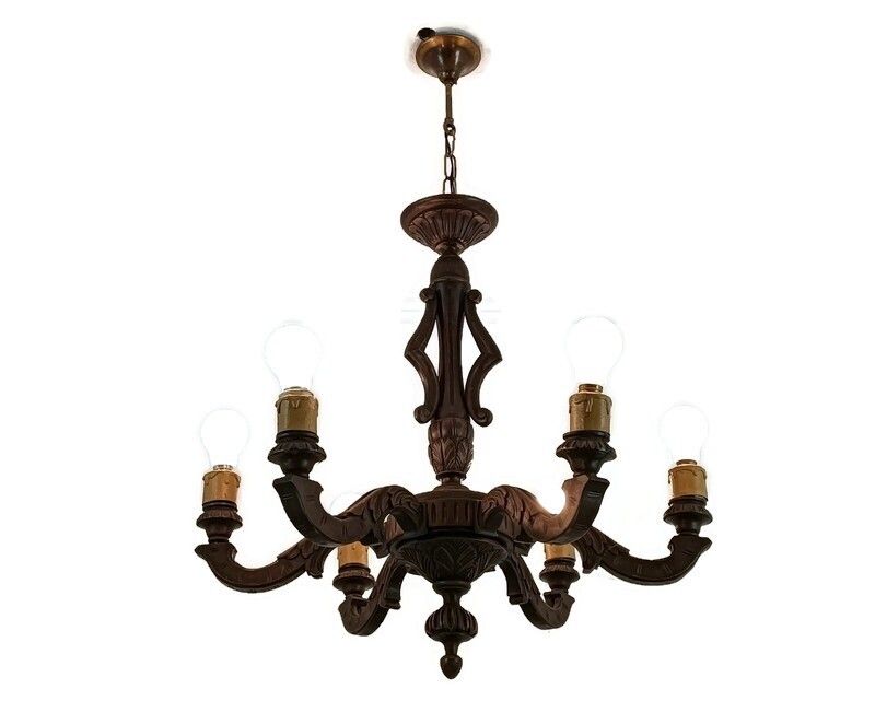 Hand Carved Wood Wooden Chandelier Fixture 6 Lights Lovely Barn Farmhouse Countr