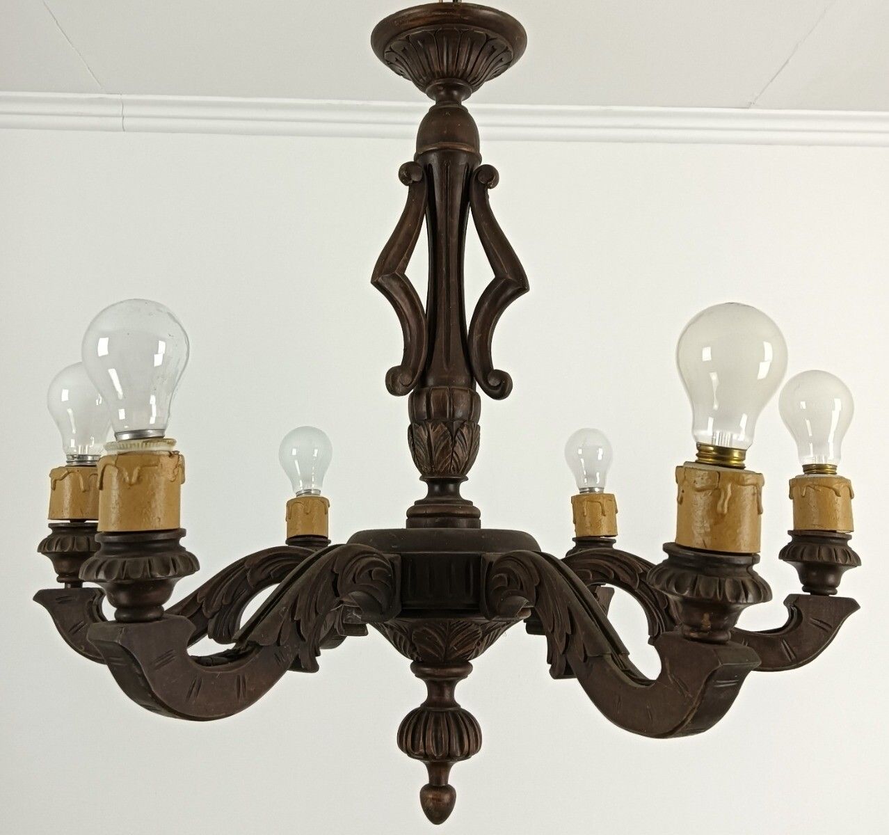 Hand Carved Wood Wooden Chandelier Fixture 6 Lights Lovely Barn Farmhouse Countr photo buy