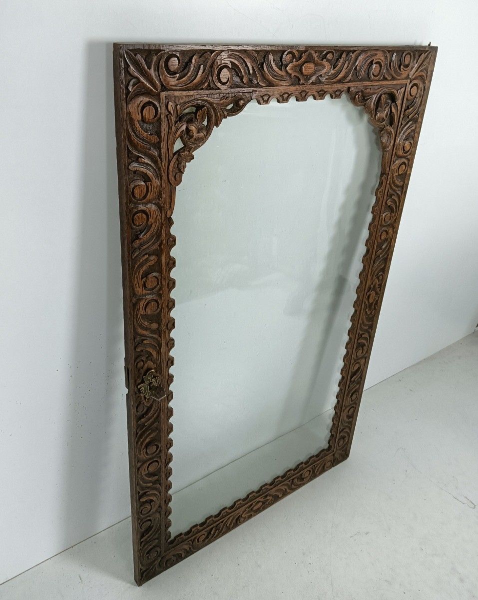 Large Door Cabinet Hand Carved Wood Ornated Glass Display Reclaimed Architectura photo for sale