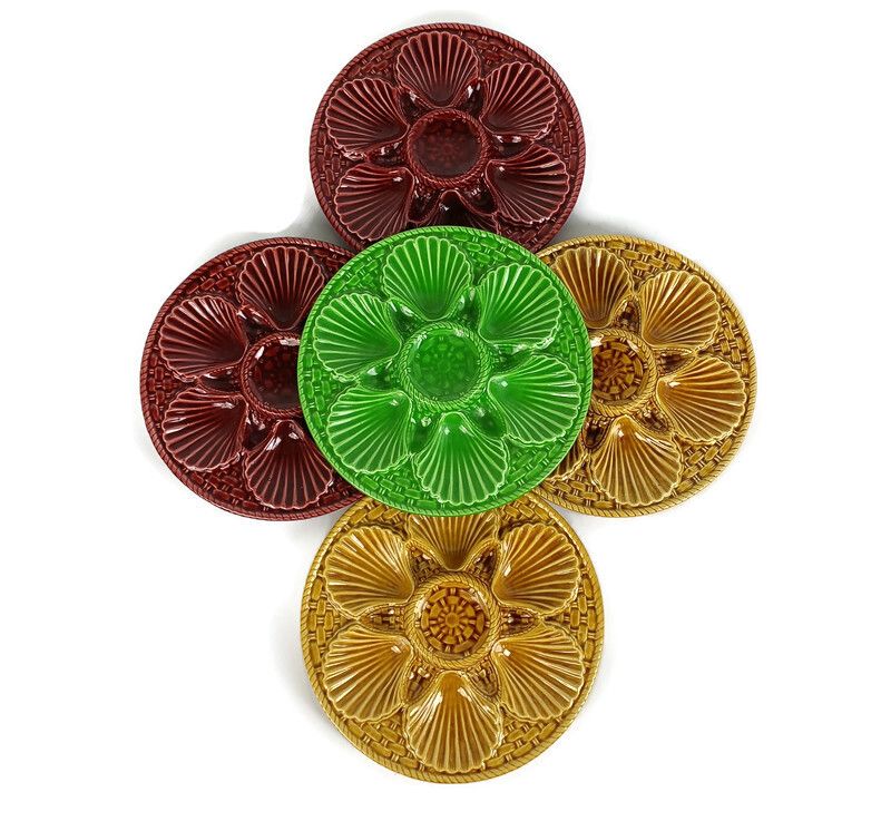 Set Of 5 Oyster Plates Porcelain Faience Different Colors Very Rare Seafood Crab