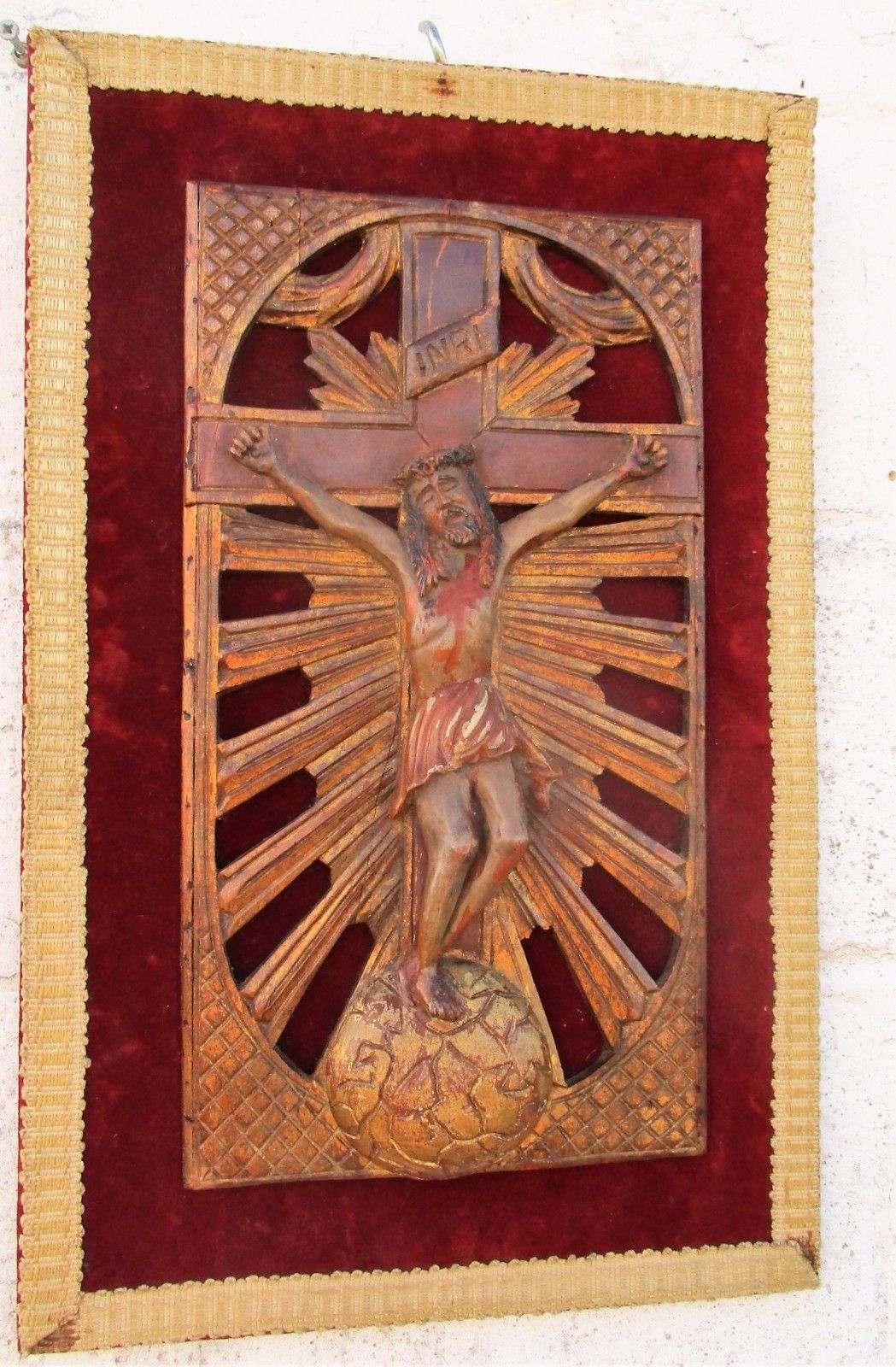 Antique Wall Hanging 18th Century Jesus Christ Crucifix Wood On Velvet Gorgeous photo for sale