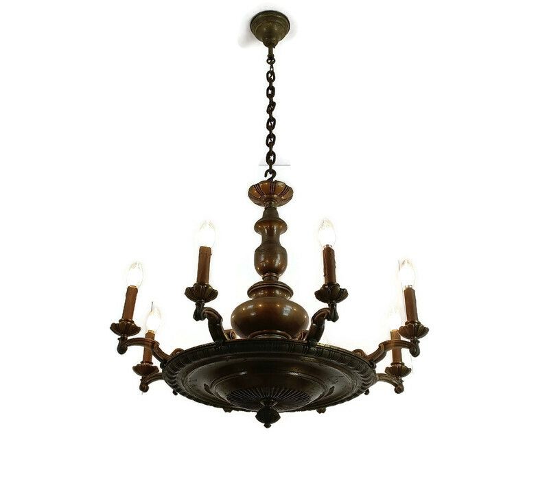 Antique Jugendstil Bronze French Empire Pan Chandelier 8 Arms Huge Heavy Htf