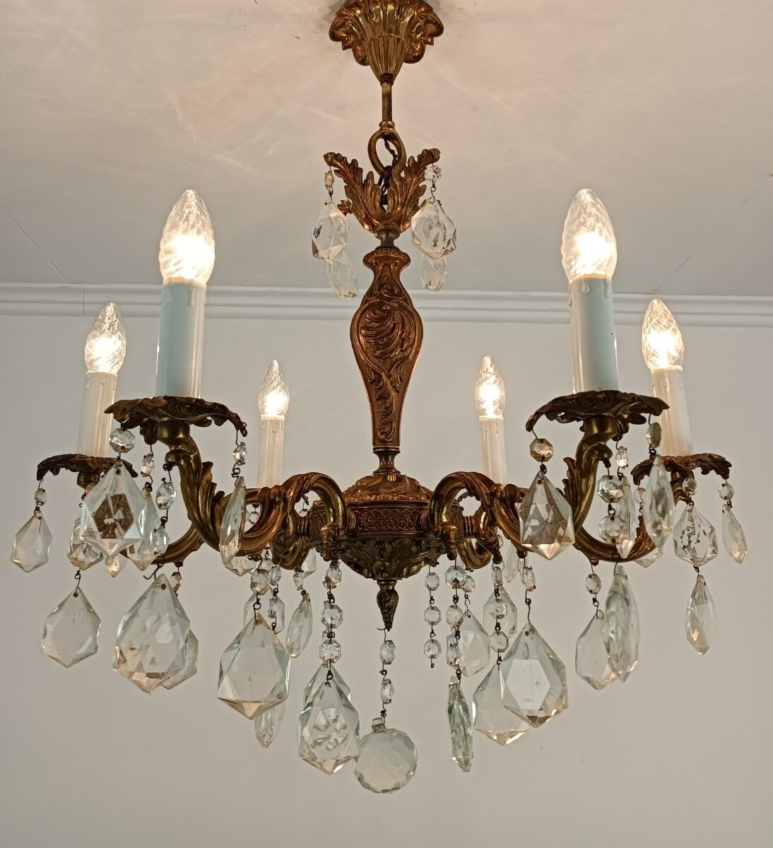 Lovely Vintage Chandelier French Hollywood Regency Style Brass Art Glass Prisms photo furniture