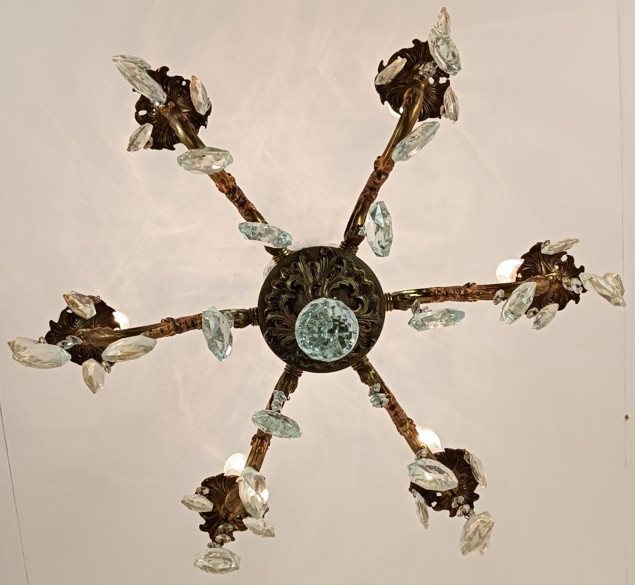 Lovely Vintage Chandelier French Hollywood Regency Style Brass Art Glass Prisms photo vinterior