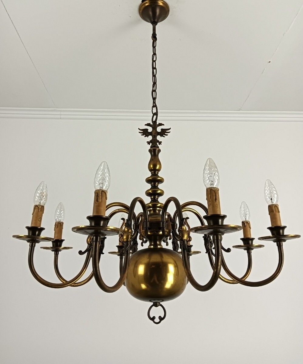 Chandelier Flemish Dutch Brass Ornate 8 Lights Vintage Modernist Barn Farmhouse photo vinterior