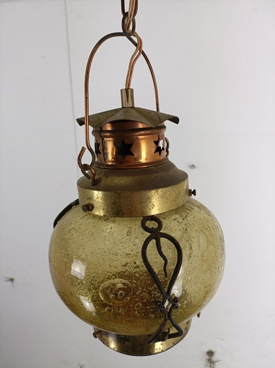 photo furniture Lantern Pendant Light Fixture Brass Amber Bubbled Art Glass Lovely Vintage