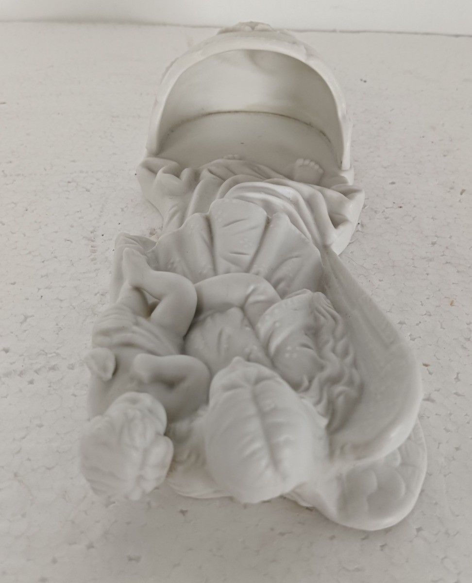 Beautiful Bisque Porcelain Antique Holy Water Font Vessel White Angel With Infan photo vinterior