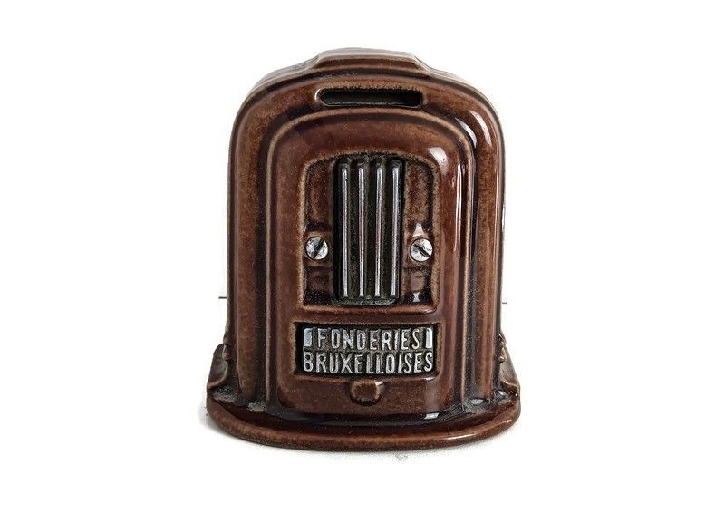 Fobrux Fonderies Bruxelloise Cast Iron Antique Piggy Bank Coin Box Stove Collect