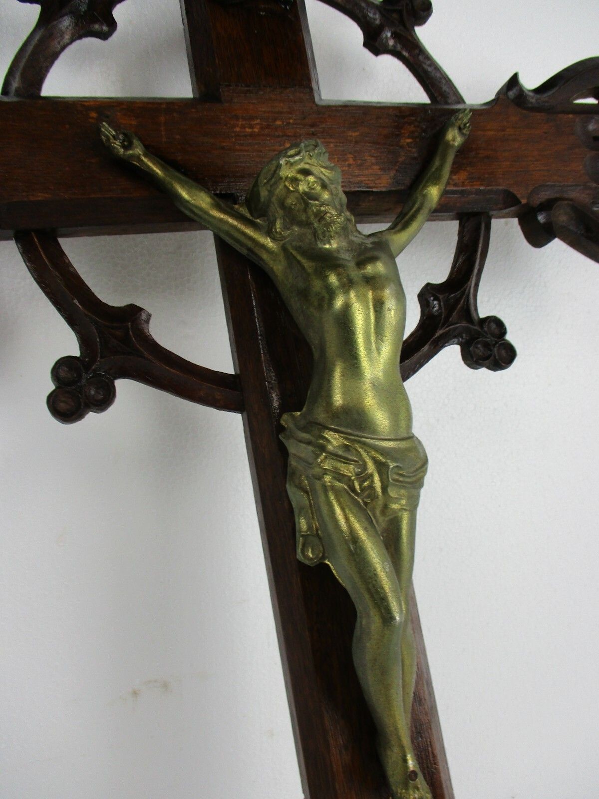 Xl Hand Carved Wood French Hanging Ornate Crucifix Jesus Christ Fleur De Lis photo Art