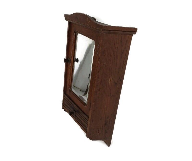Antique Medicine Apothecary Cabinet Beveled Glass Carved Wood Bathroom Shaving