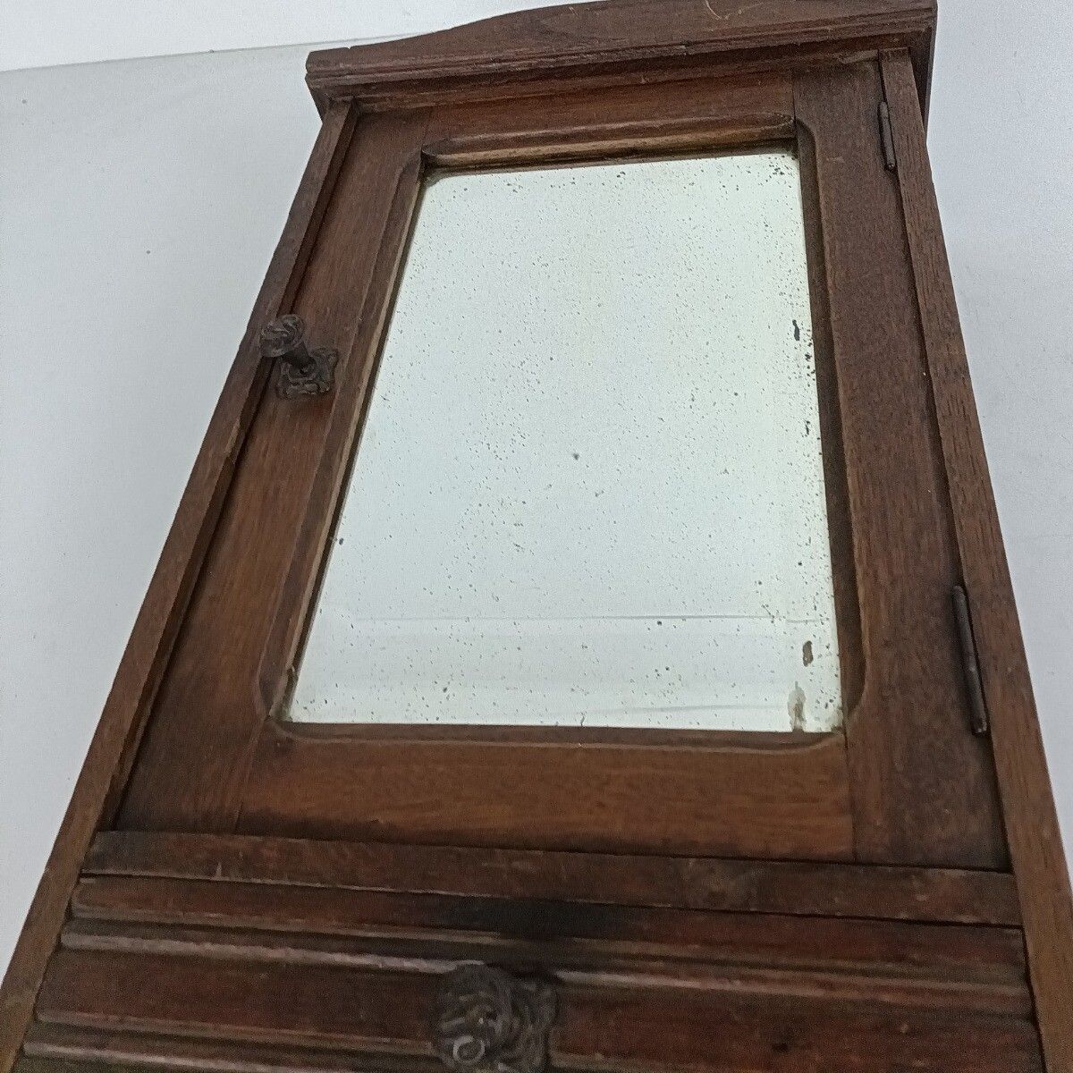 Antique Medicine Apothecary Cabinet Beveled Glass Carved Wood Bathroom Shaving photo vintage