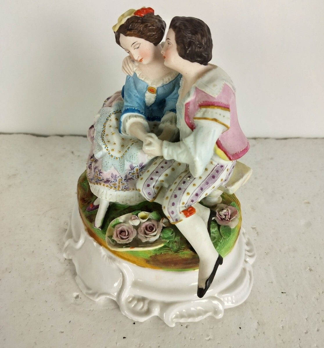 photo for sale Lovely Antique Porcelain Figurine Budvase Couple Courting Bisque
