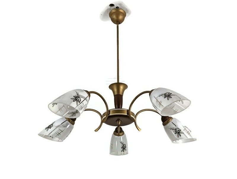 Spider Chandelier Art Glass Shades With Butterflies Teak Brass 5 Arm Vintage Pop