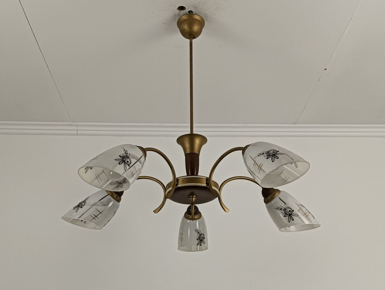 Spider Chandelier Art Glass Shades With Butterflies Teak Brass 5 Arm Vintage Pop photo furniture