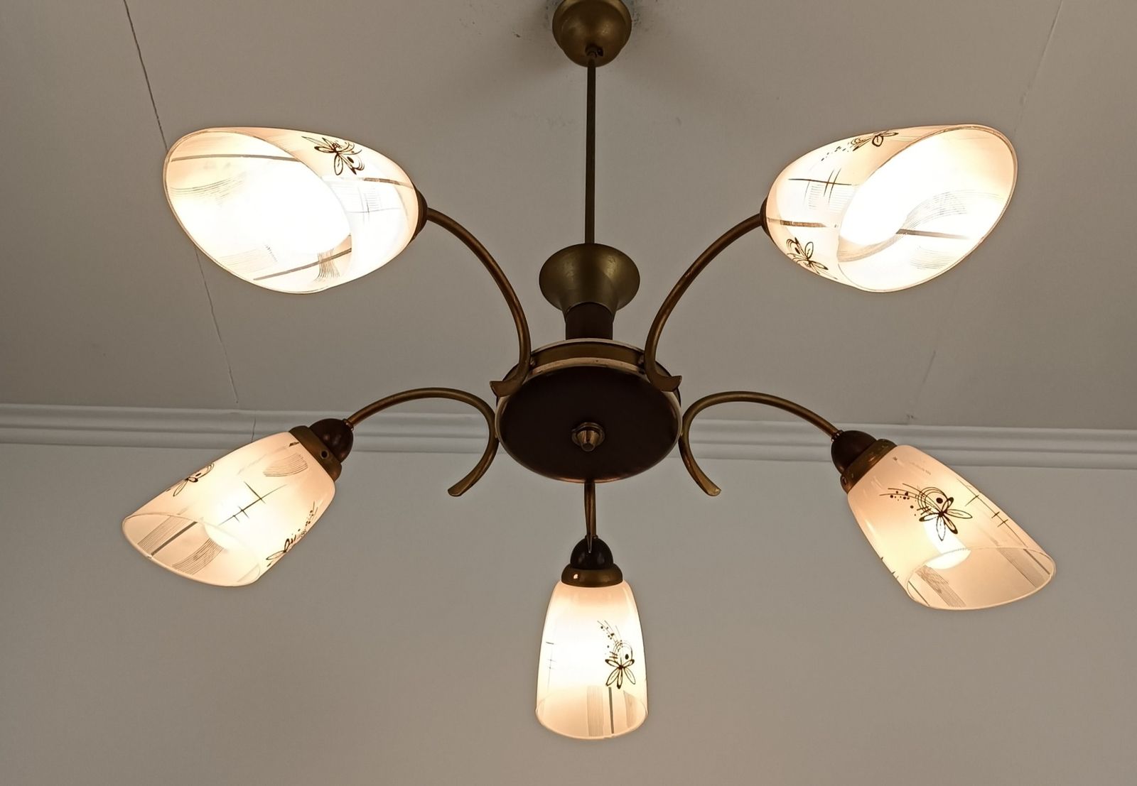 Spider Chandelier Art Glass Shades With Butterflies Teak Brass 5 Arm Vintage Pop photo vintage