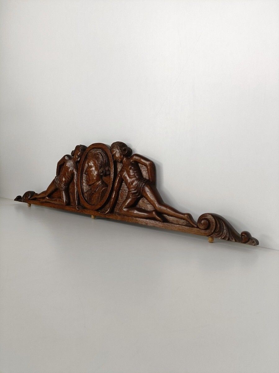 Hand Carved Wooden Pediment Over Door Architectural Antique Figurines Faces photo for sale