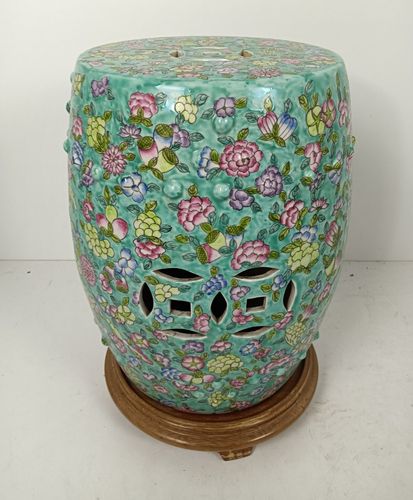 Chinese Family Rose Porcelain Green Vintage Garden Stool Seat On Wooden Base Gor photo vintage