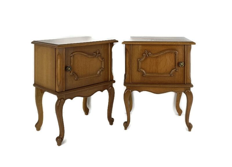 Couple French Louis XV/XVI Style Wooden Nightstands End Tables Modernist Vintage