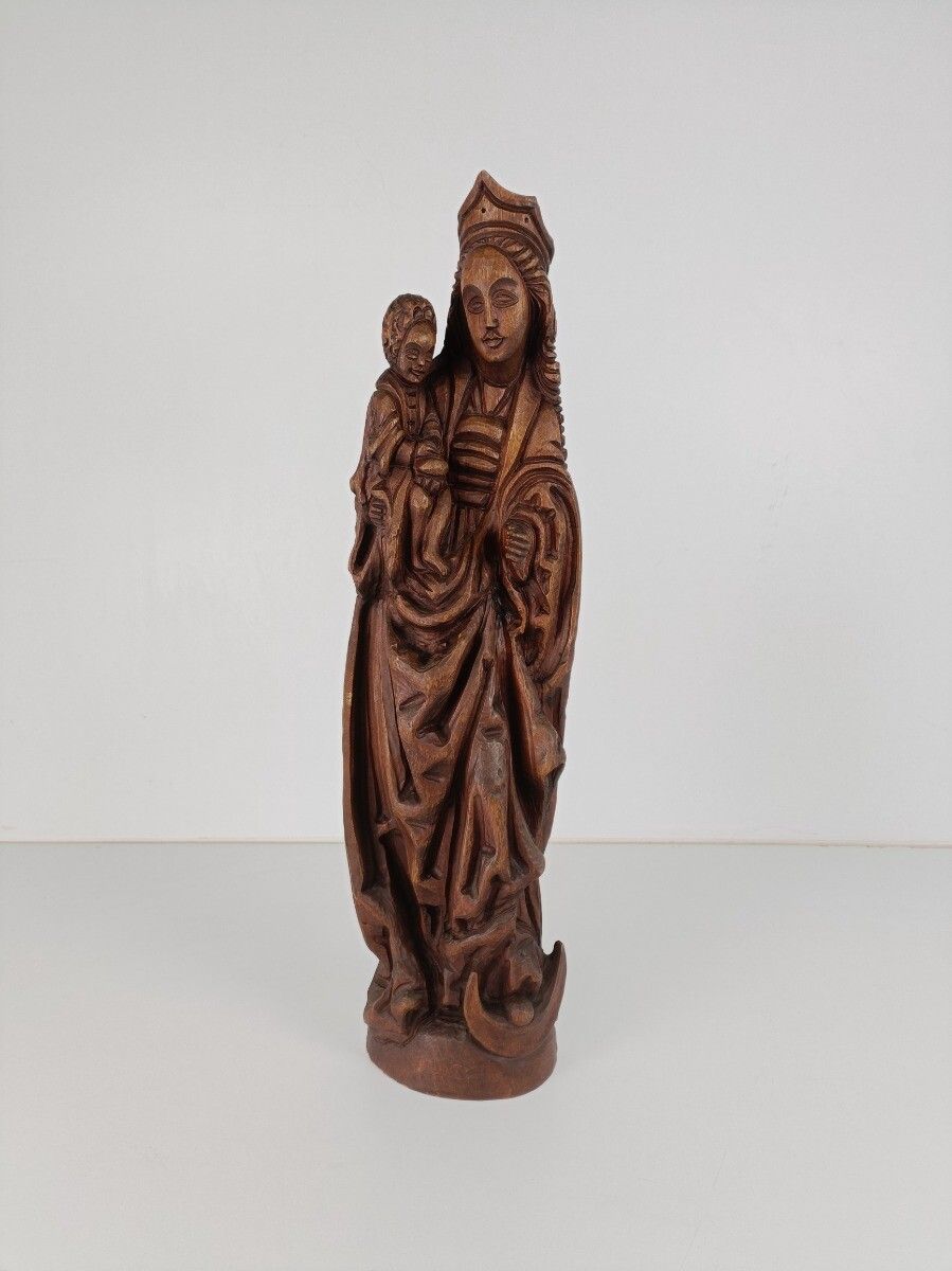 Large Hand Carved Wooden Madonna With Infant Crescent Moon Virgin Mary Sculpture photo furniture
