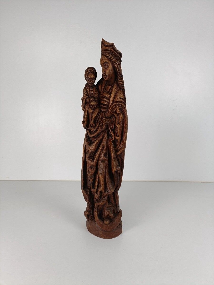 Large Hand Carved Wooden Madonna With Infant Crescent Moon Virgin Mary Sculpture photo Art