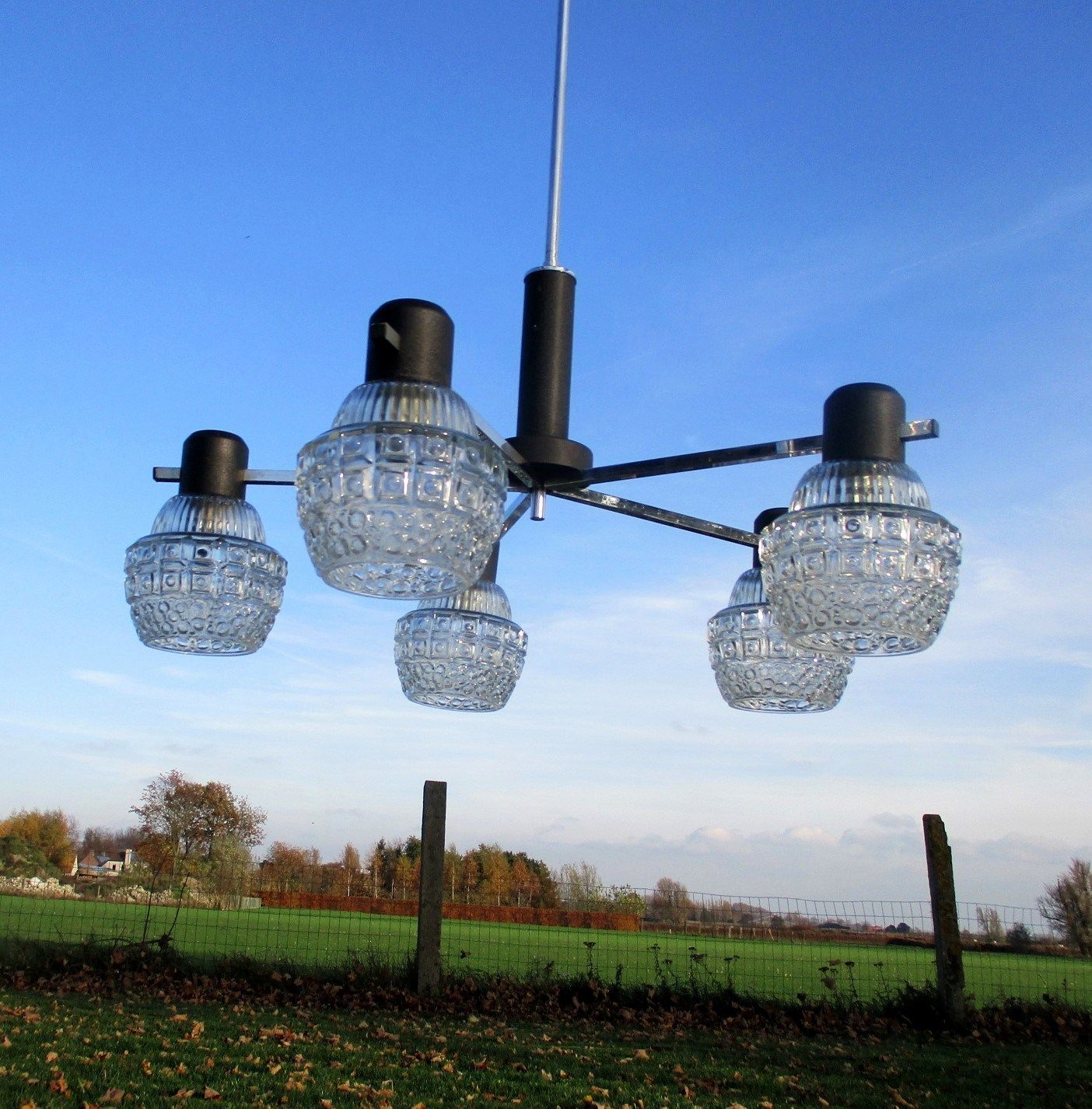 Mid Century Danish Modern Chandelier Chrome Glass Shades Vintage 5 Lights